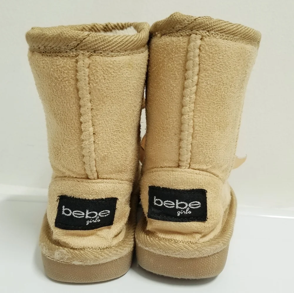 Bebe Toddler Girl's Tan Mid Calf Logo Boots with Satin Bow & Rhinestone Baby 7